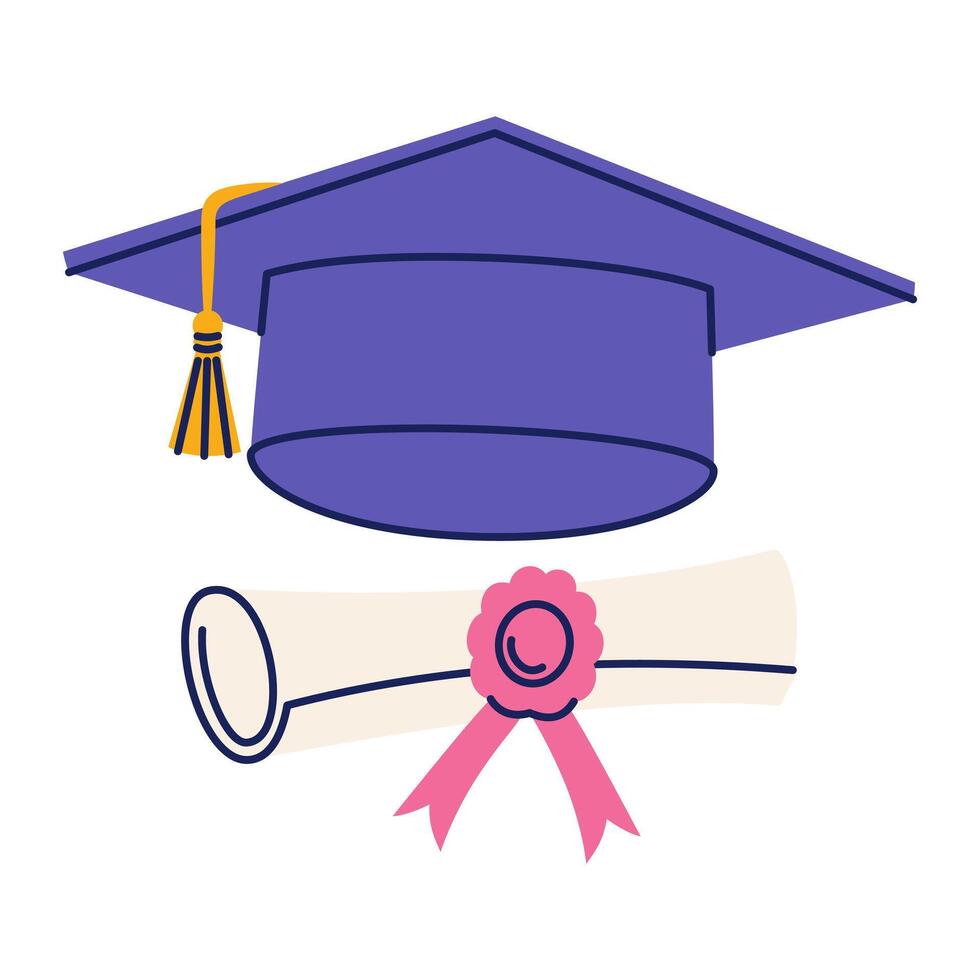 Square Graduate Hat and Diploma Scroll. Graduate College, High School or University Cap. Flat Education Icon. Illustration Isolated on White Background vector