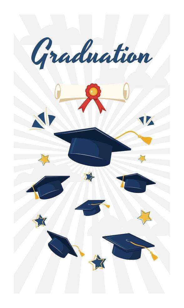 Graduation Caps, Hats and Diploma with Stars on Light Radial Background. Vertical Format for Social Media Story Template. Graduation Celebration Concept for Card, Banner, and Invitation vector