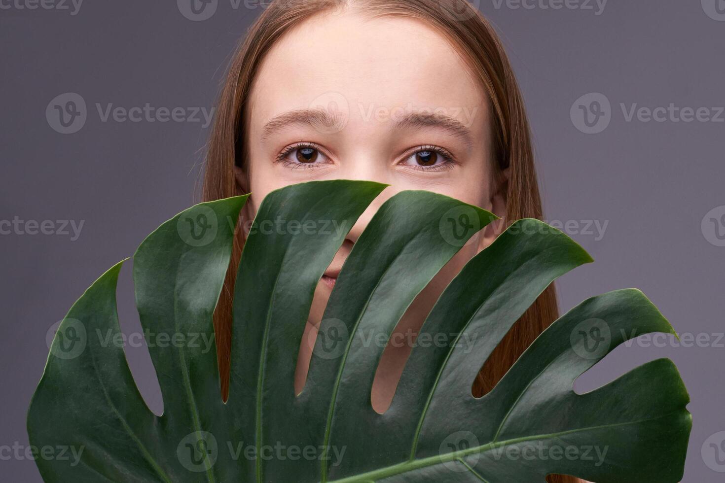 Young caucasian female partially hidden behind large green monstera leaf on gray background. photo