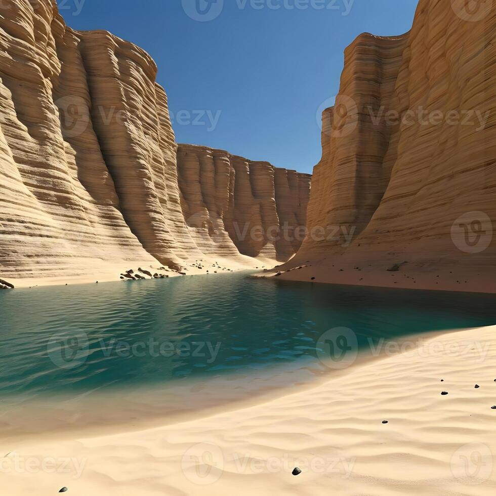 A river in the desert with a large canyon in the background photo
