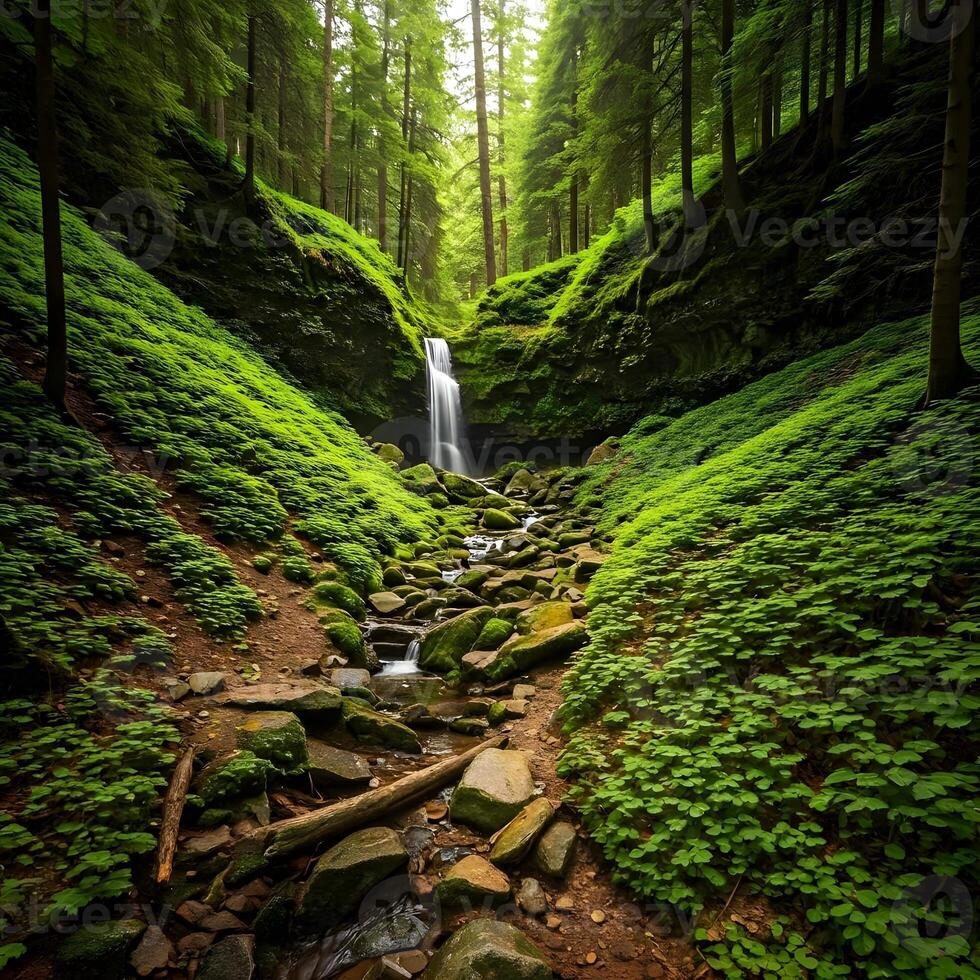 A waterfall in a green forest surrounded by trees photo