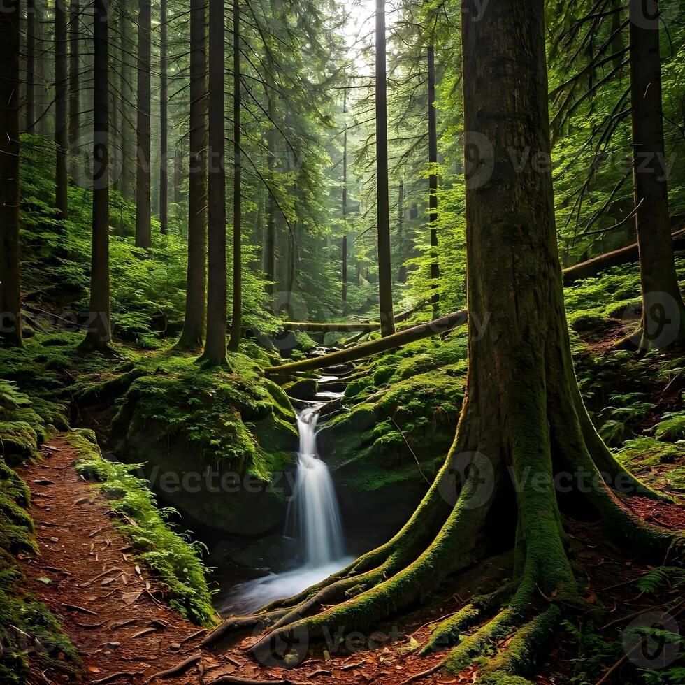 A waterfall flows through a forest in the middle of a green forest photo