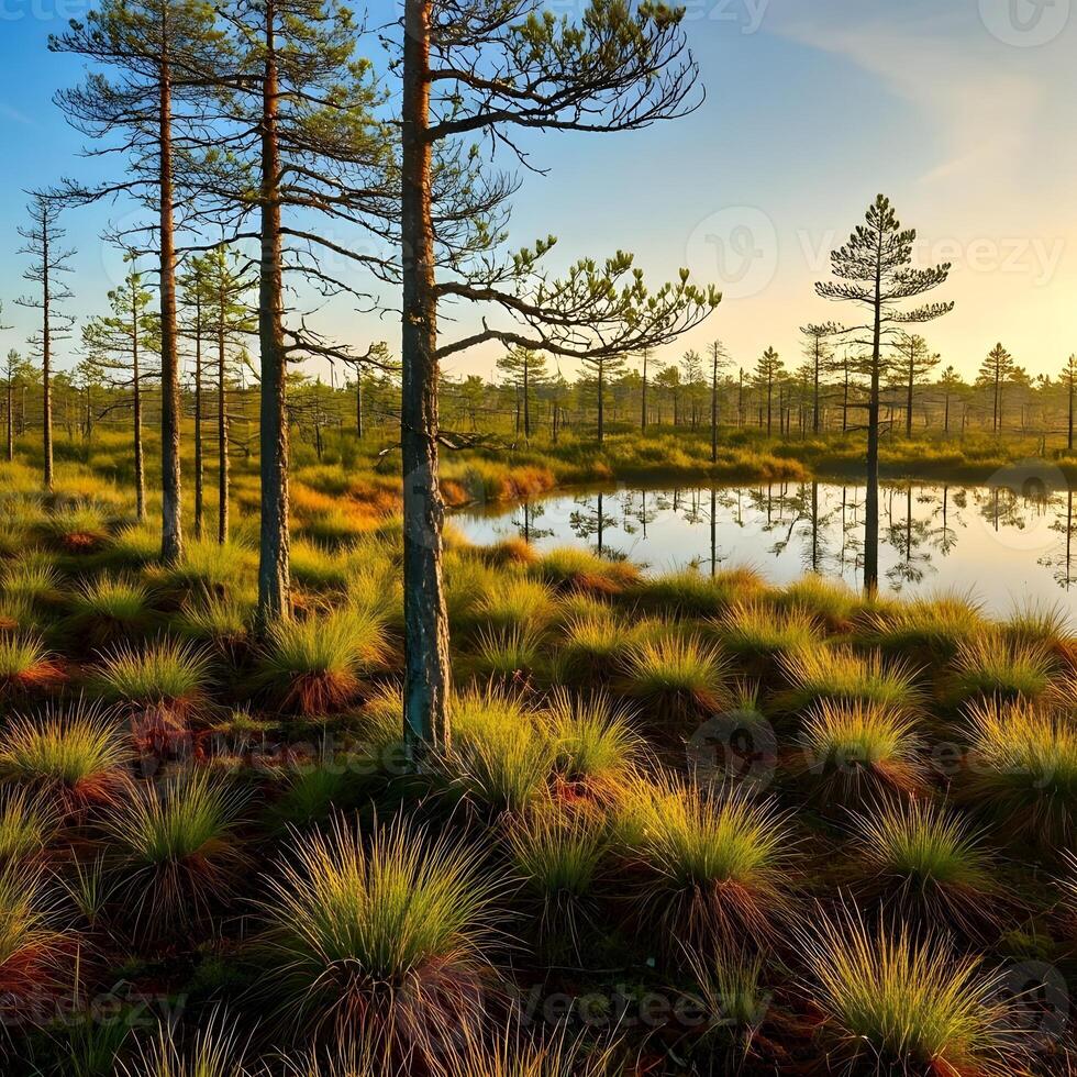 A forest with tall grass and trees photo