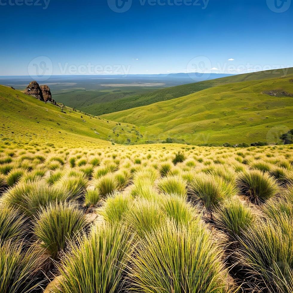 A grassy hill with tall grass and mountains in the background photo