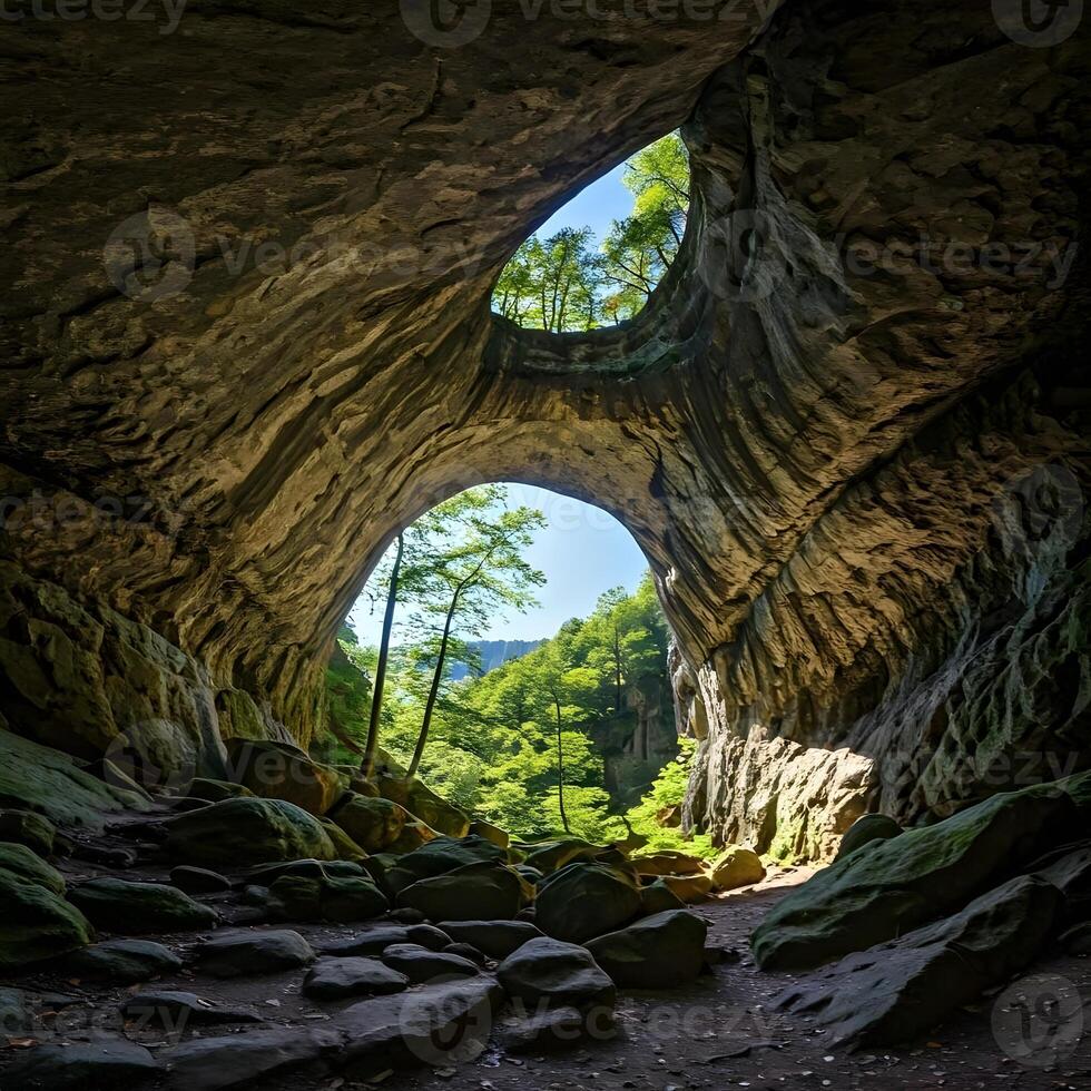 A cave with a large opening in the middle of it photo