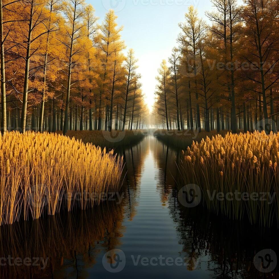 A river in the middle of a forest with tall grass photo