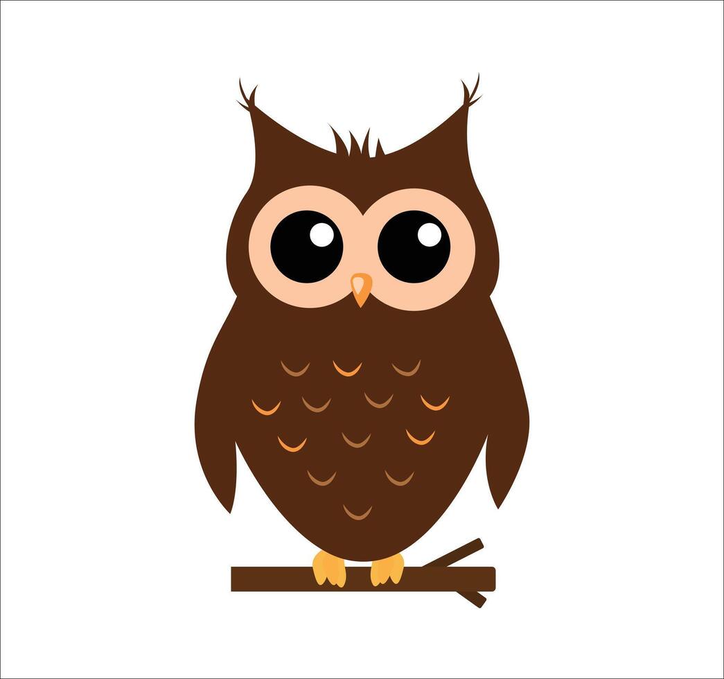 Adorable wide-eyed brown cartoon owl sitting on a branch, perfect for educational, autumn, or wildlife-themed graphics. vector