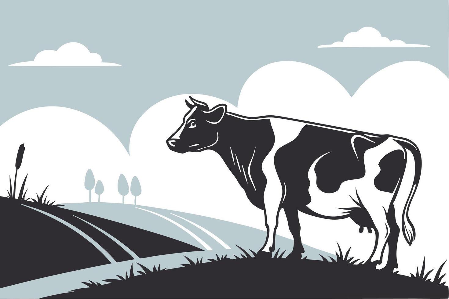 Black and White Cow Silhouette in a Peaceful Countryside Setting vector
