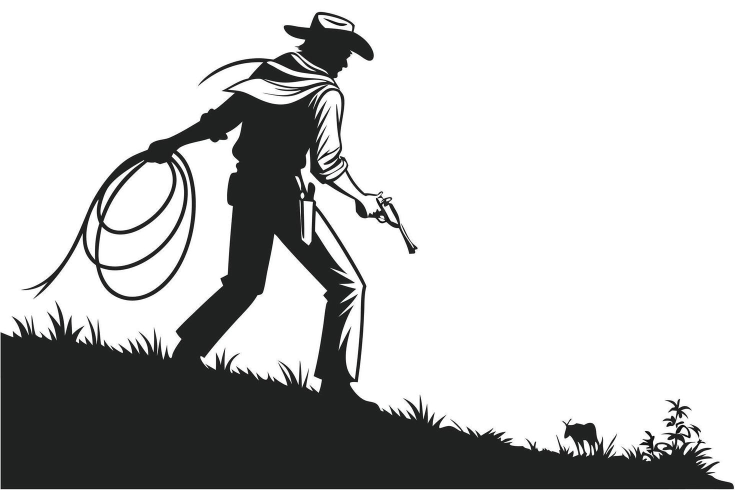 Silhouette of a Cowboy with Lasso and Gun on a Hillside vector