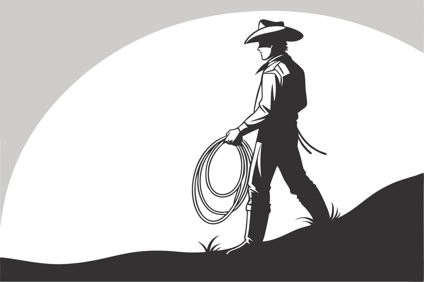 Cowboy Silhouette with Lariat Walking on a Hill vector
