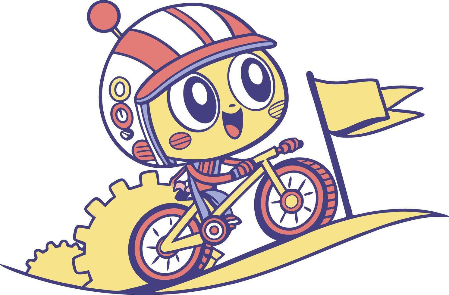 Cute Cartoon Robot Riding a Bike with a Flag, Winning a Race vector