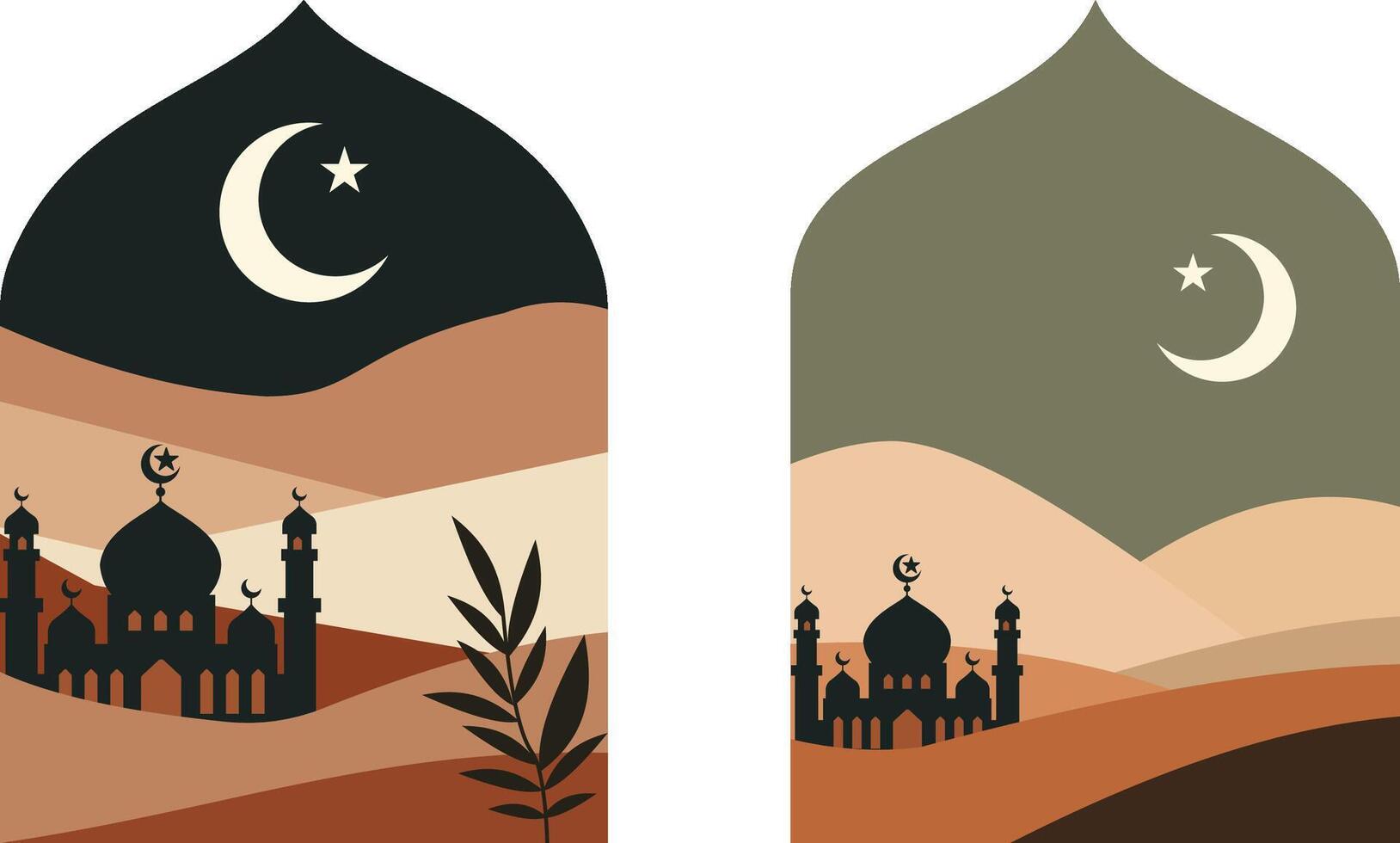 Two arabic banners with a mosque and crescent moon vector
