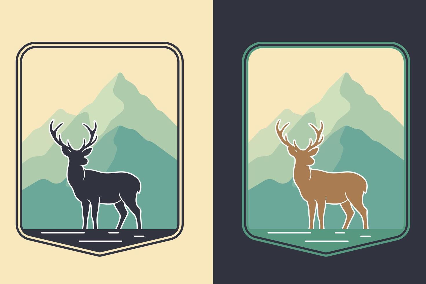 Vintage Deer Badge with Mountain Background, Retro Wilderness Adventure Emblem Design vector