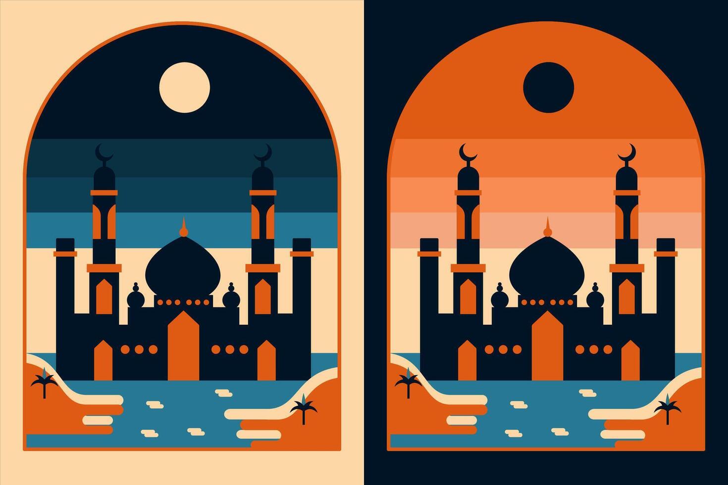 Two posters with a mosque and a moon in the background vector