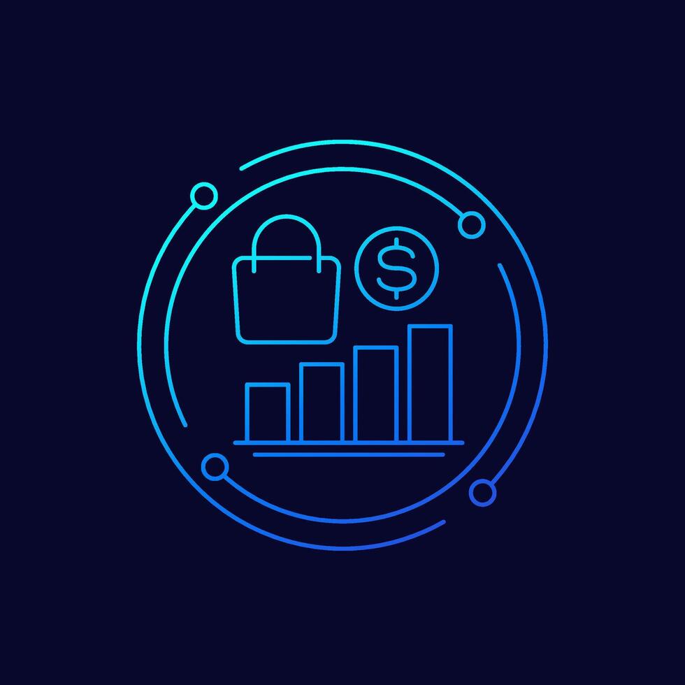 sales graph icon with a shopping bag, linear design vector