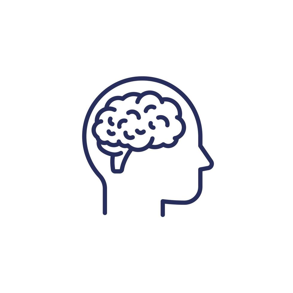 Neurology line icon on white, brain and human head vector