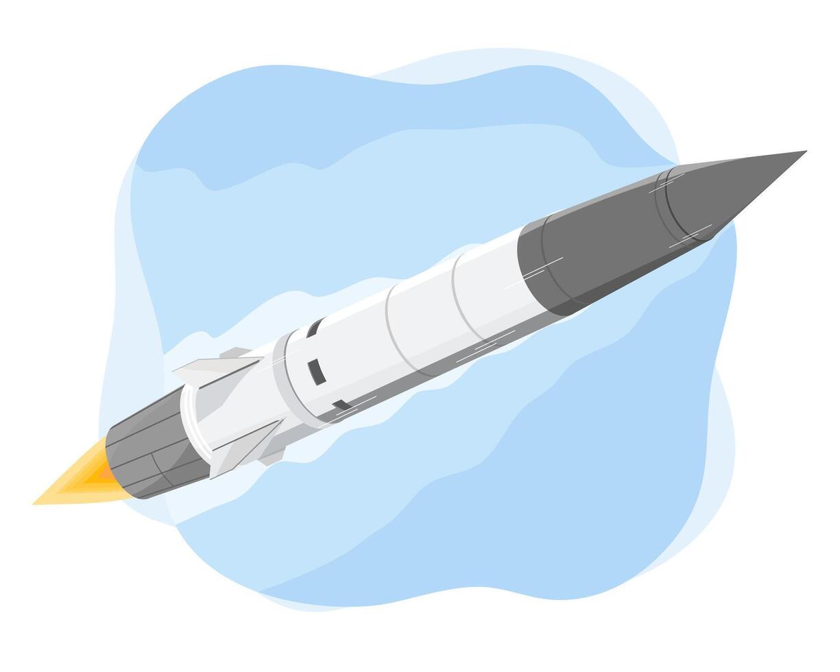 High speed hypersonic missile flying through the upper atmosphere with ignition flame during advanced aerospace defense operation cartoon vector