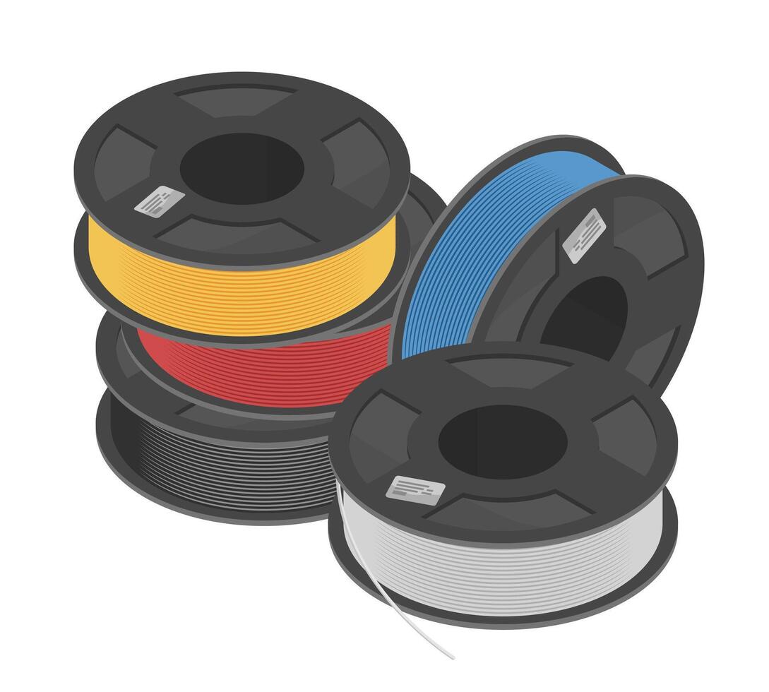 Assorted spools of 3D printer filament including PLA ABS TPU Carbon Fiber and Nylon in various vibrant colors for creative and technical hobby use vector
