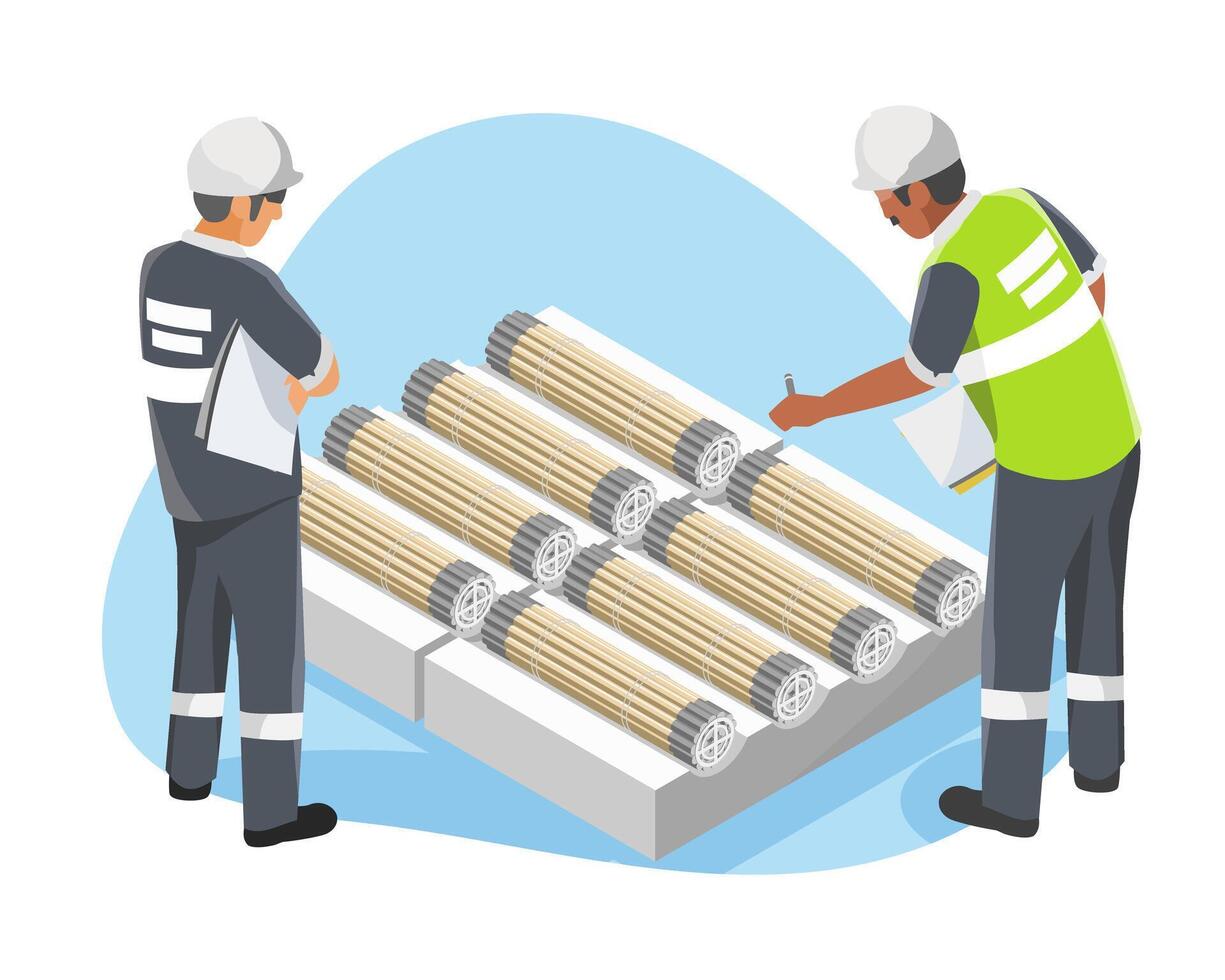 Construction workers inspecting material piles vector