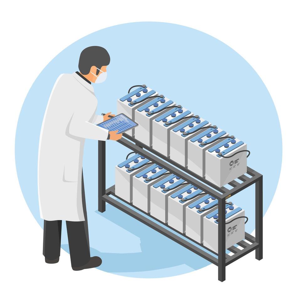 Scientist studying batteries with tablet vector