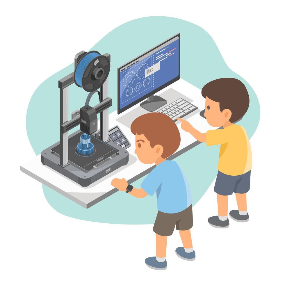 Children using a 3D printer vector
