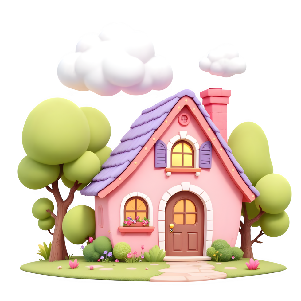 Cute pink cartoon house with trees isolated on transparent background png
