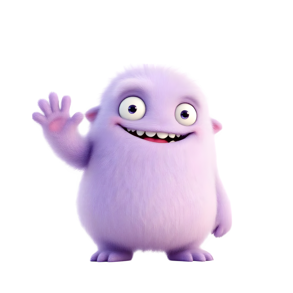 Cute purple fuzzy monster waving hello isolated on transparent background png