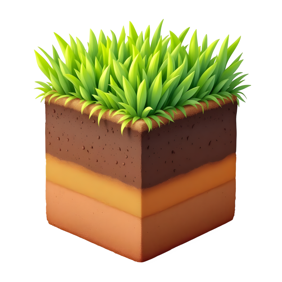 Layered soil cube with grass top isolated on transparent background png