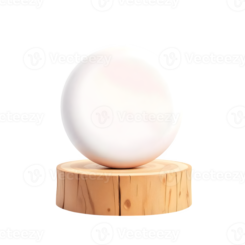 White sphere on wooden log display stand isolated on transparent background png