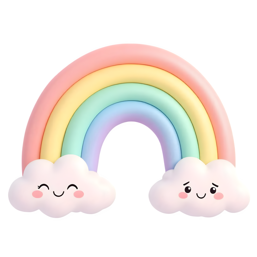 Cute pastel rainbow with smiling clouds isolated on transparent background png