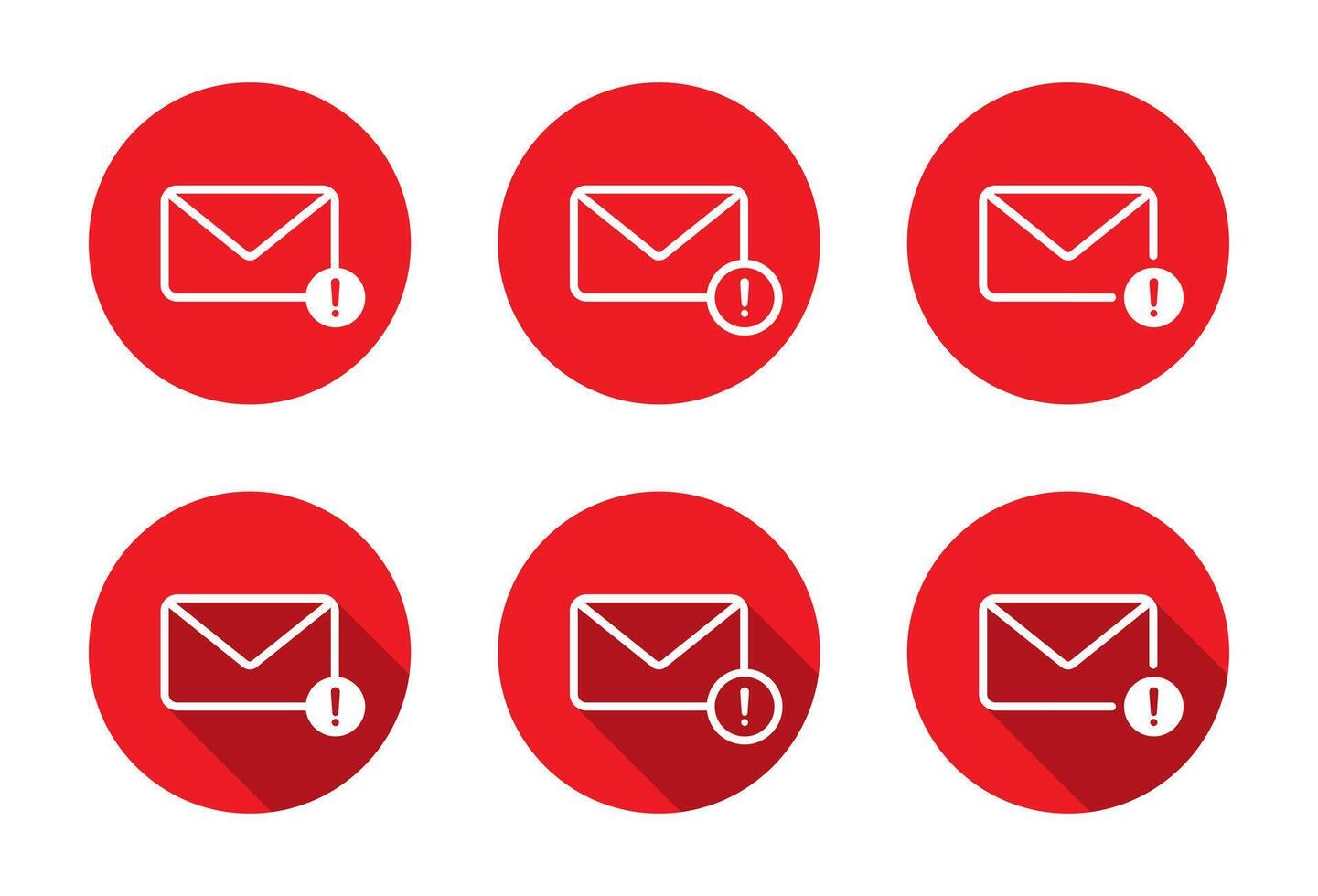 Error message notification icon with long shadow. Email envelope with exclamation mark symbol. Warning mail sign vector