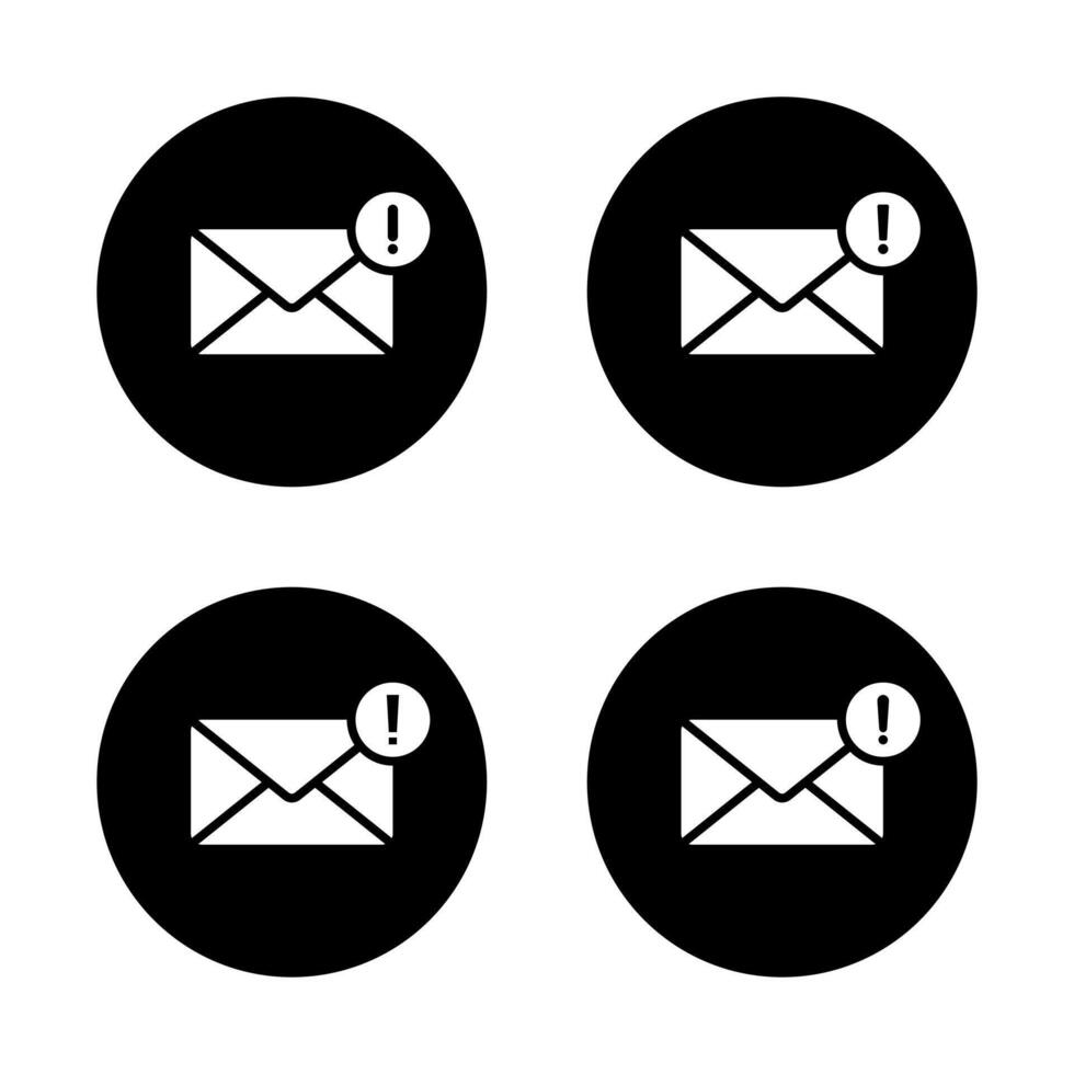 Error message icon set. Email with exclamation mark symbol on black circle. Warning sign on mail envelope vector