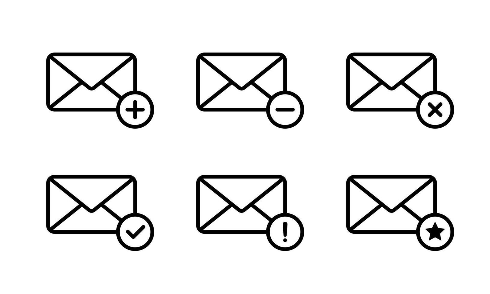 Message envelope, email icon set collection. Add, remove, delete, verified, error, and favorite mail symbol vector