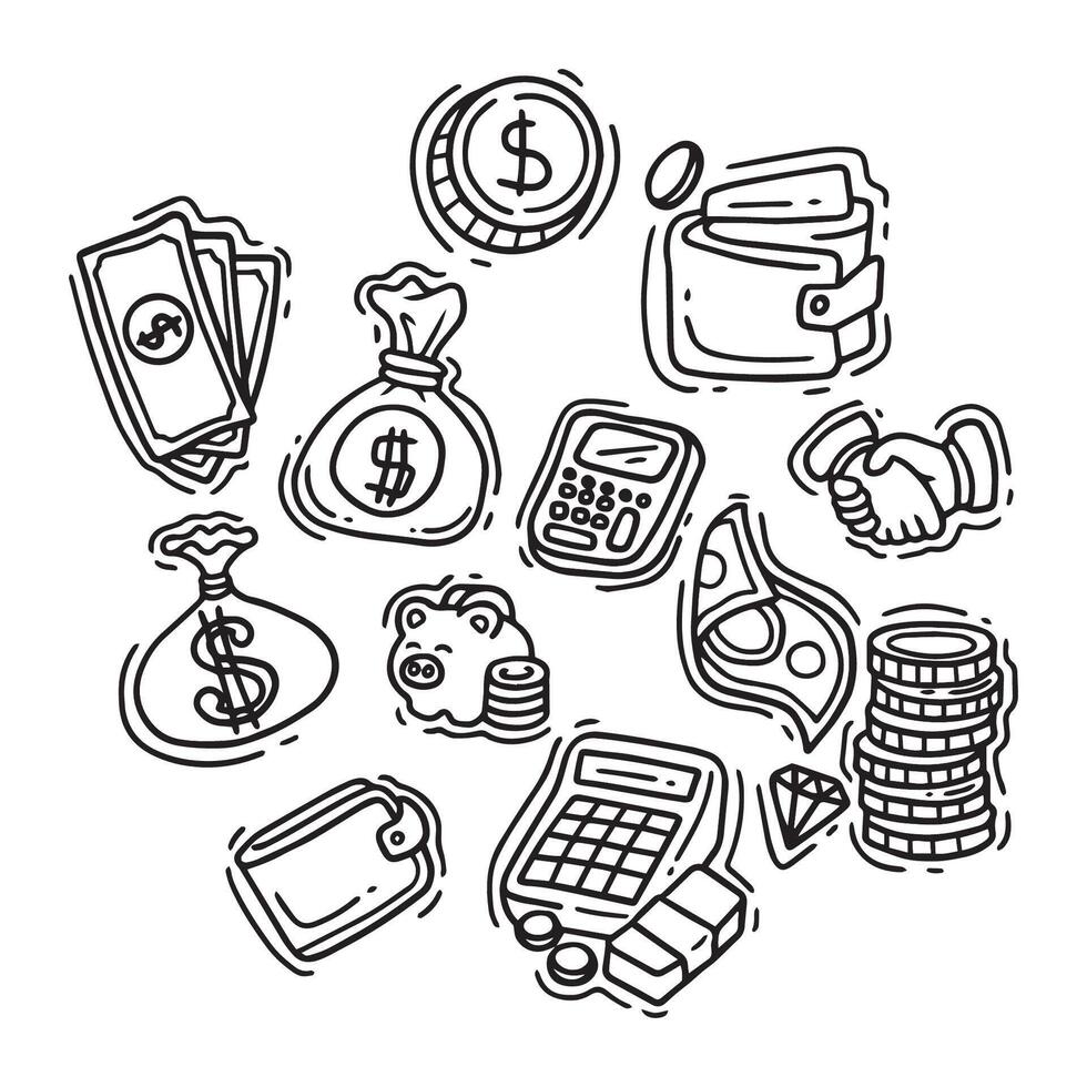 Hand drawn doodle money and finance icon set. illustration vector