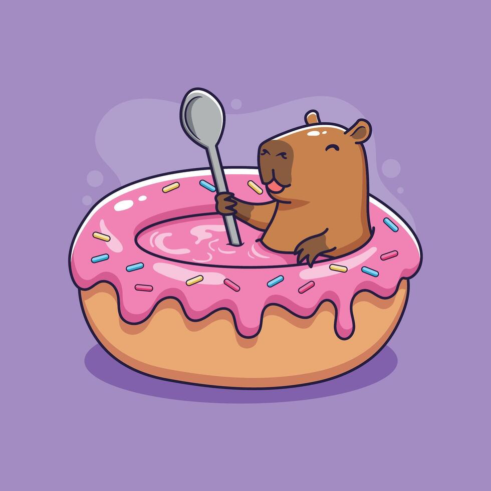 Capybara in a pink frosted donut vector