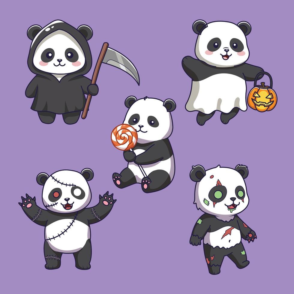 Halloween pandas in cute costumes vector