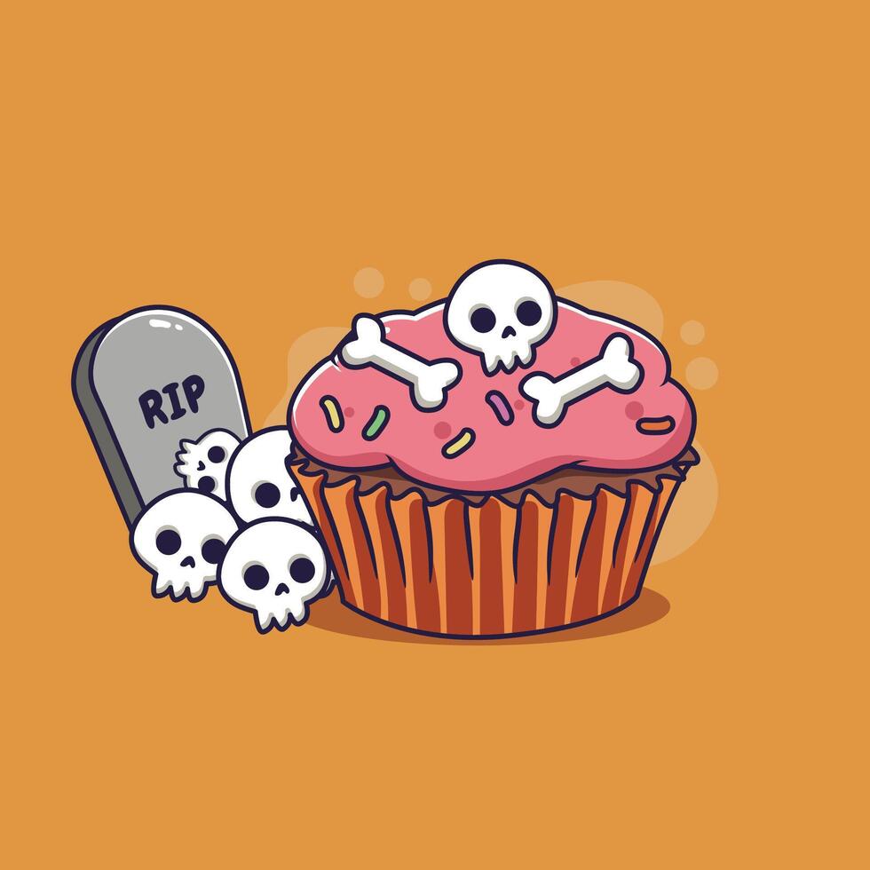 Cute cartoon Halloween cupcake with skull and bones. illustration. vector