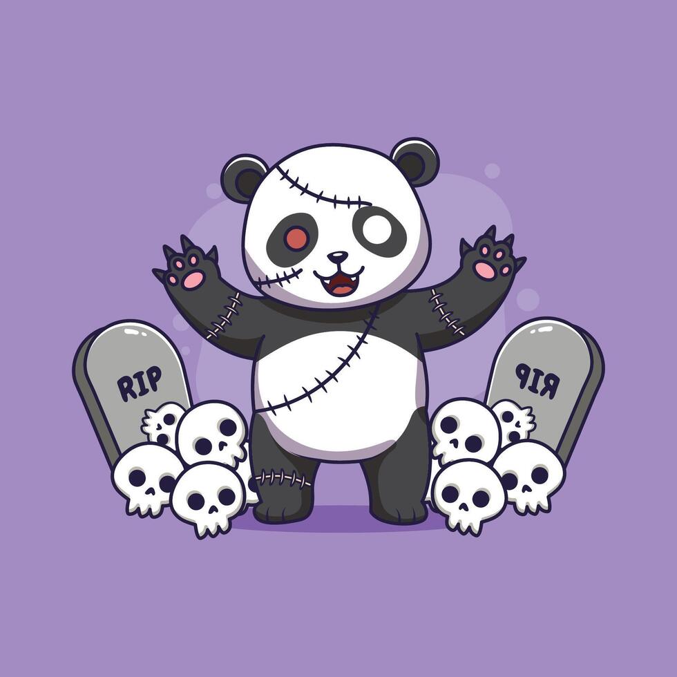 cute panda zombie cartoon in graveyard with skull halloween illustration vector