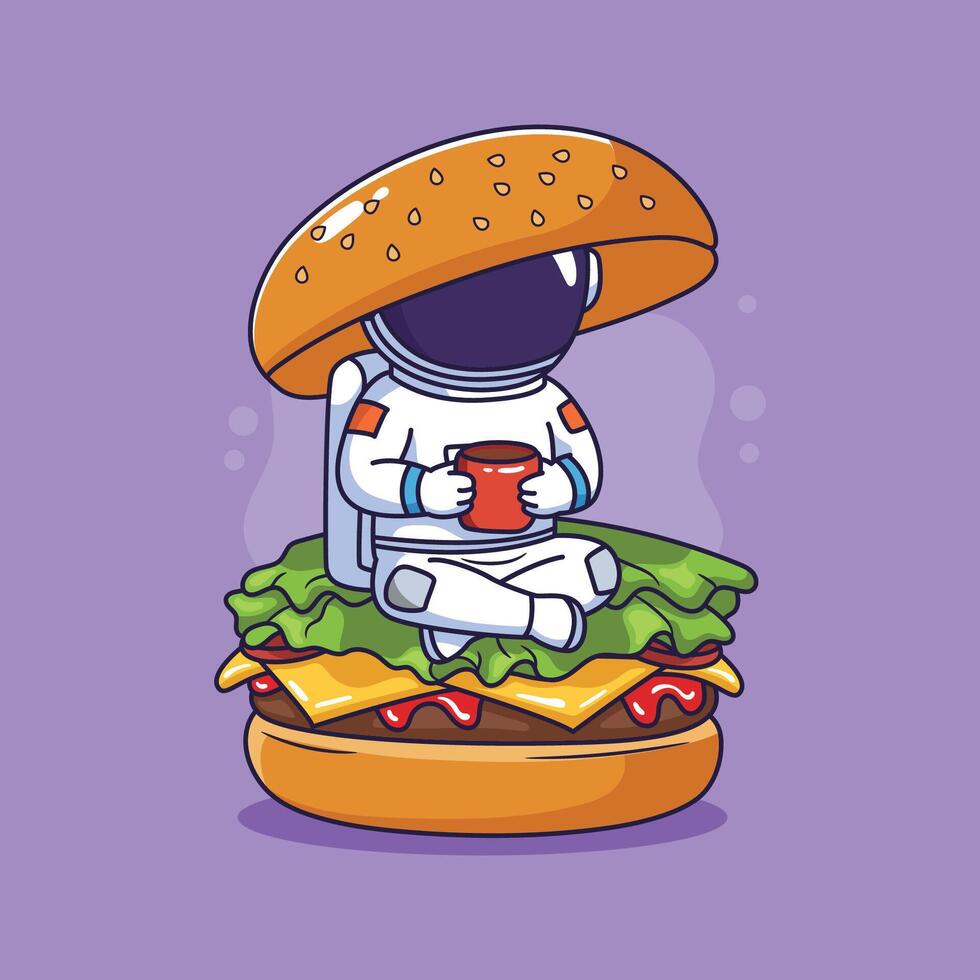 Cartoon astronaut with burger and cup of coffee. illustration. vector