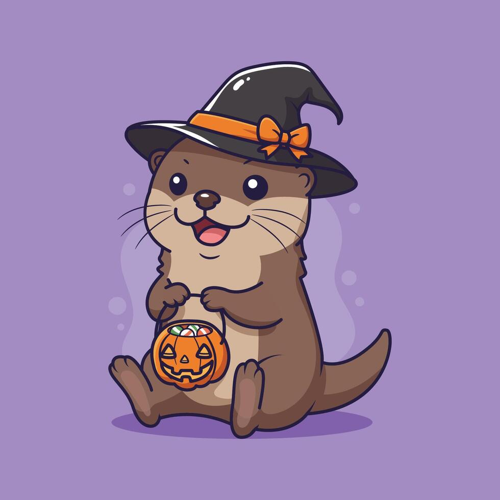 Cute Otter in a Witch Hat Holding a Pumpkin Bucket. ilustration vector