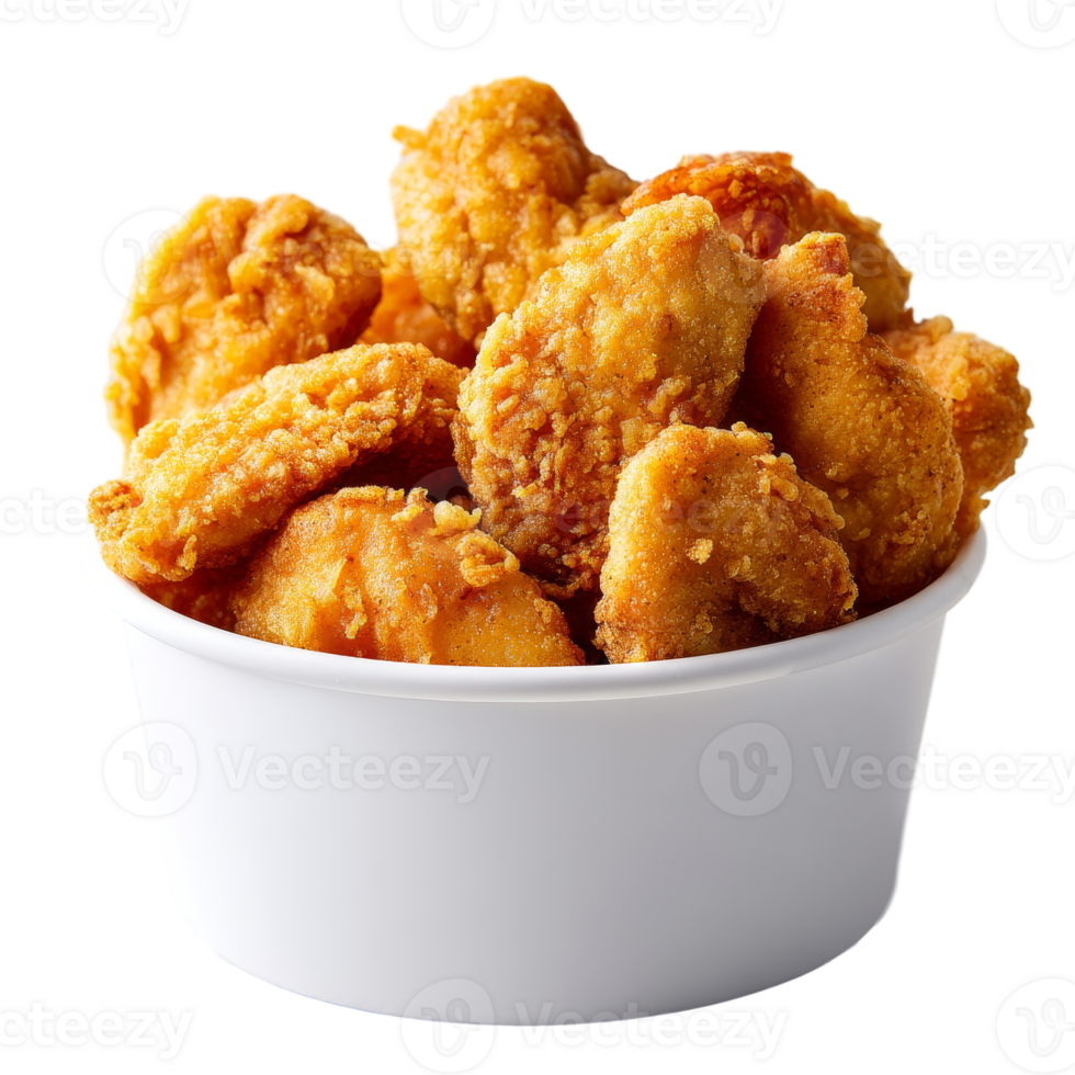 Crispy chicken tenders in bucket invite indulgence with their golden-brown crunchy texture displayed perfectly against a transparent backdrop png