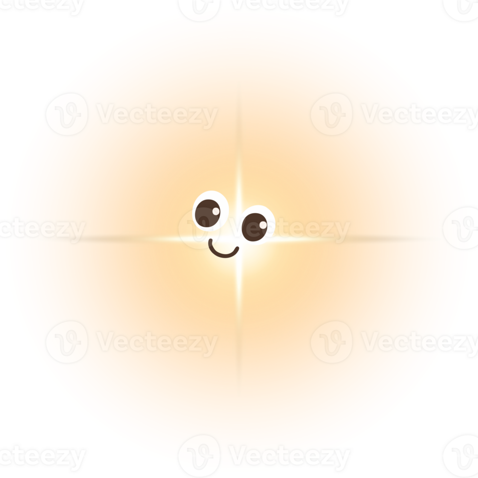 A cartoon firefly with big eyes, a cheerful smile and a yellow body decorated with a glow. png