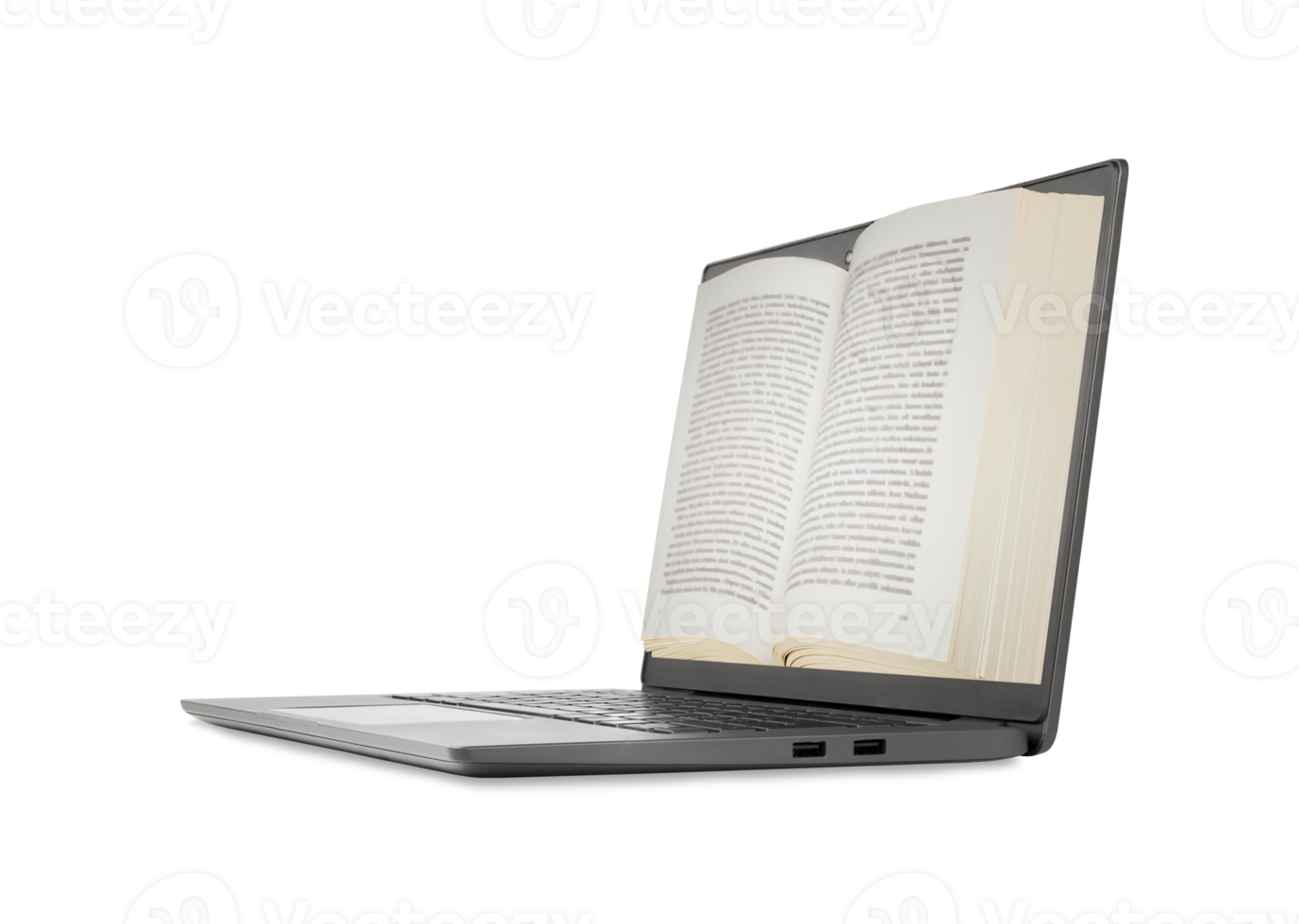 Open book displayed on laptop screen isolated on a transparent background. Stock photo. png