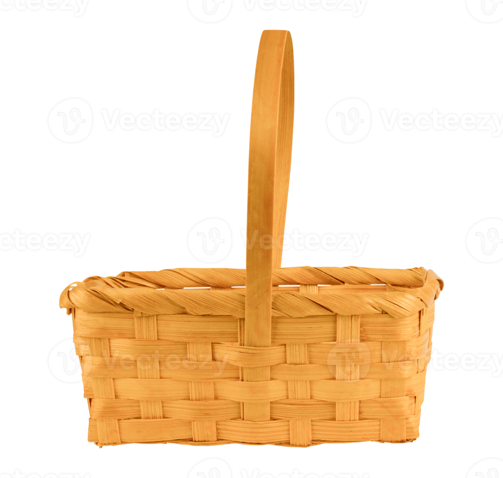 Wicker Basket with Handle. Empty Handwoven Wooden Basket Isolated on transparent background. Stock photo. png