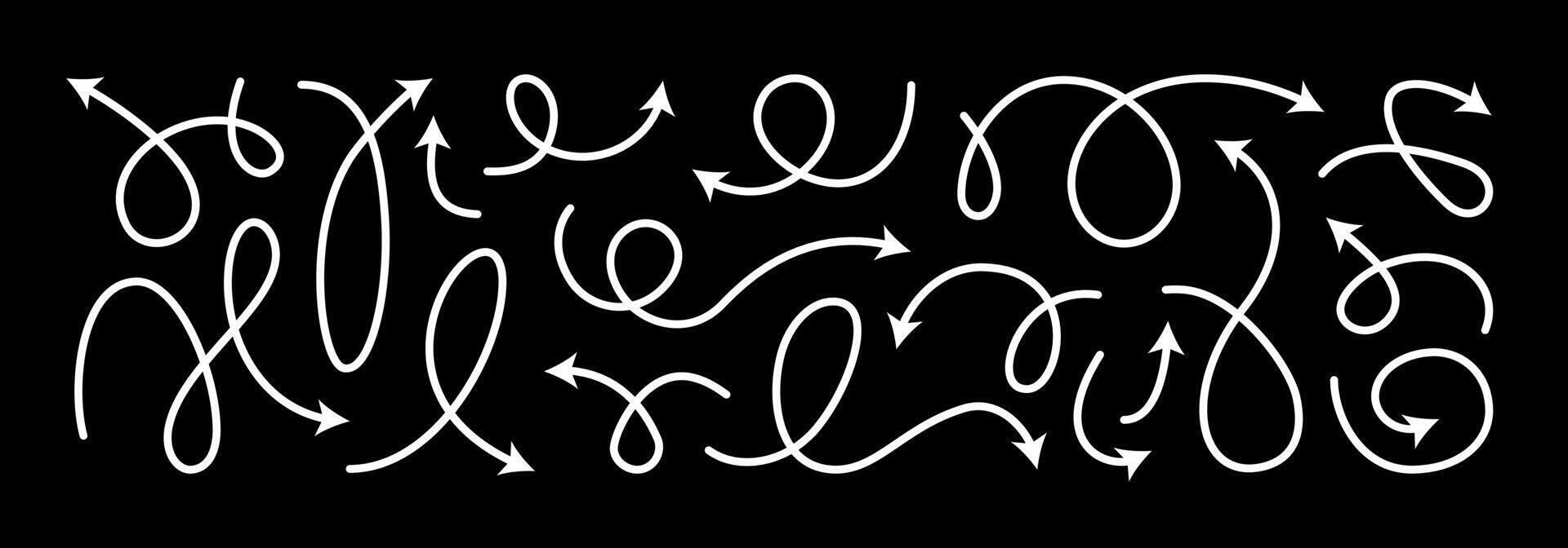 Arrow line set, Curved shape doodle brush element. Squiggly scribble direction up down abstract pointer. Change plan abstract stroke graphic sign. Curly circle looped spiral swirl map path vector