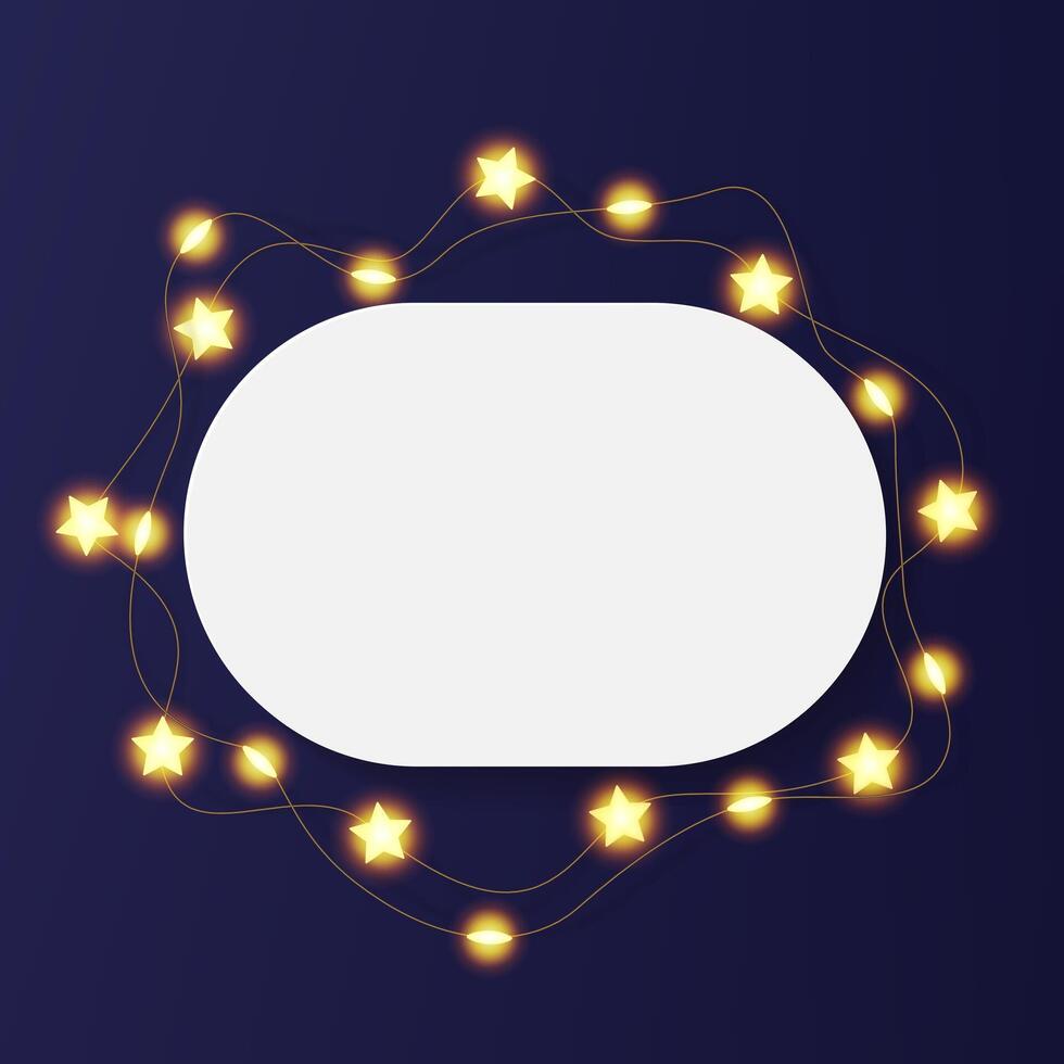 Horizontal oval picture frame, decorated with light bulb wreath string. White photo plate 3d rounded board, paper poster card on dark bg with festive star garland decor. Product podium top view vector