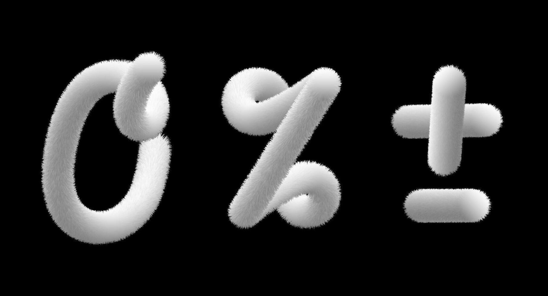 Fur number 3d set, 0 percent, plus minus sign. Fuzzy digit white alphabet with animal hair, fluffy christmas font. Furry feather felt on black bg, soft textured isolated type of round woolen pompon. vector