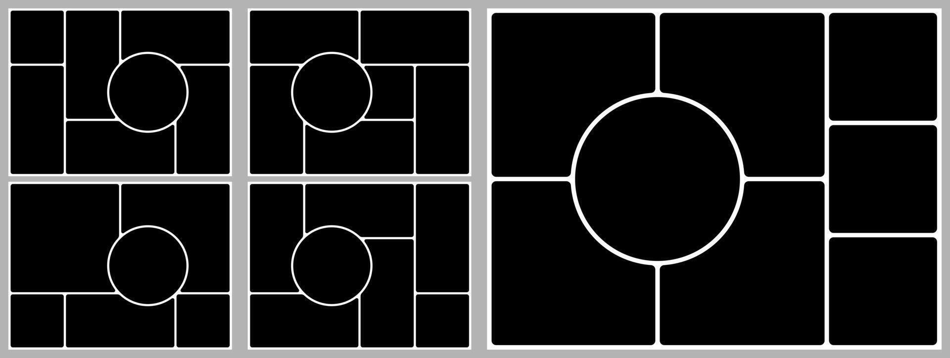 Grid template. Geometric shapes photo layout collage design. 4x3 bento moodboard background. Abstract poster montage board, Square circle box image gallery album. Rectangle banner slide page vector