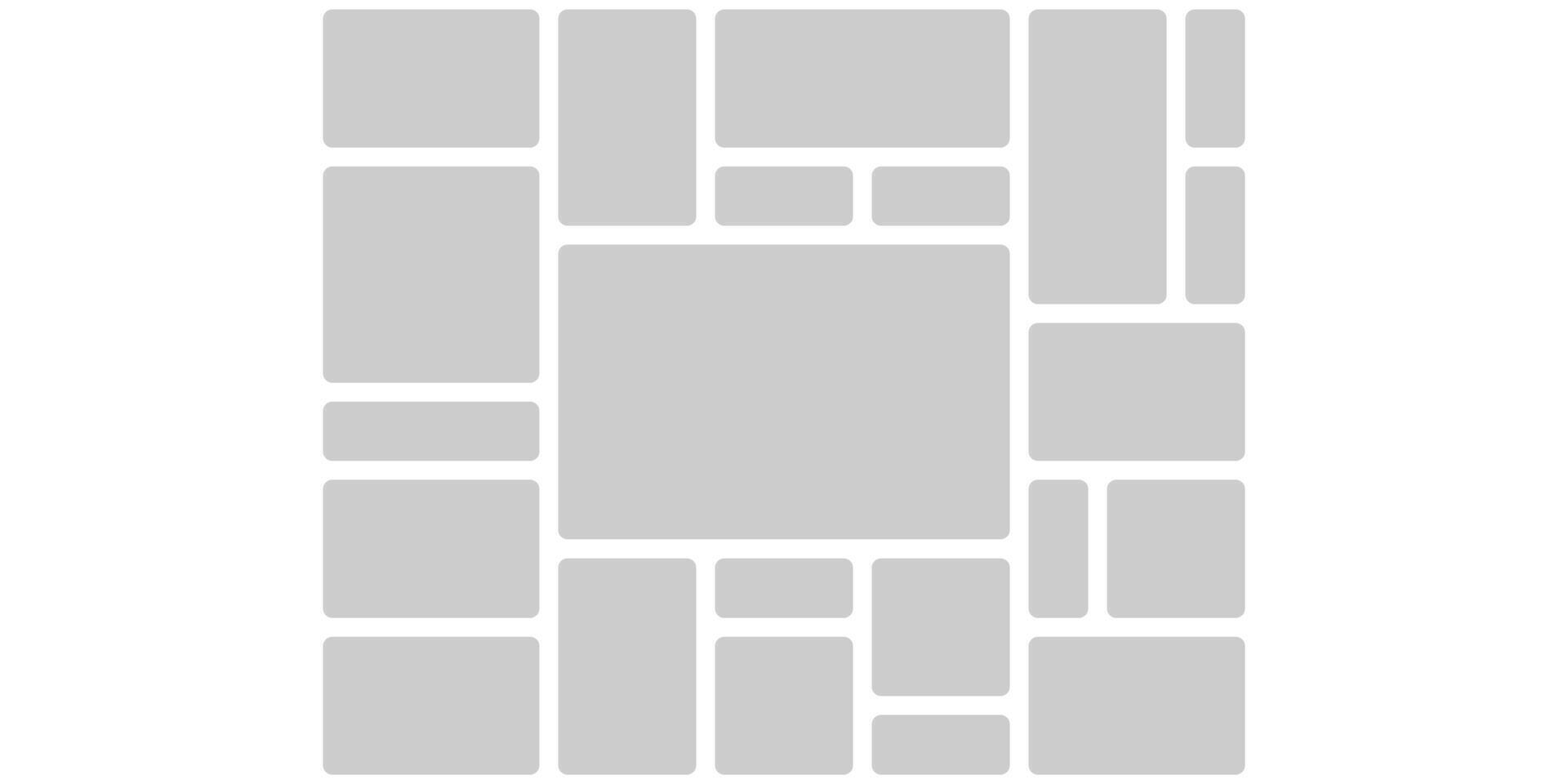 Mosaic montage grid, template. Visual brick wireframe of geometric blocks layout. Composite chaos shapes for photomontage modern collection. Statistic software bento website design slide technology. vector