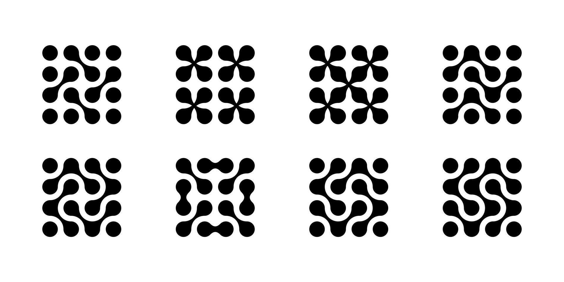 Atom dots connected, molecule structure pattern. Abstract circle shapes, collagen liquid drops. Medical tech metaball cells. Wavy merge fluid arrow, laboratory symbol. Dividing blob circuit cross vector